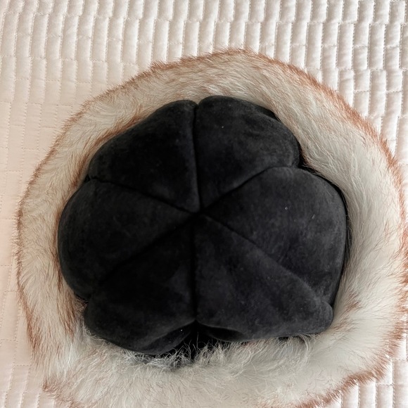 Rita Designs Genuine Shearling Leather Fur Trim Winter Hat Black Tan Handmade